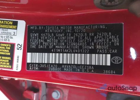 2020 Toyota Camry Se из США, поврежденный, VIN 4T1M11AK2LU401322